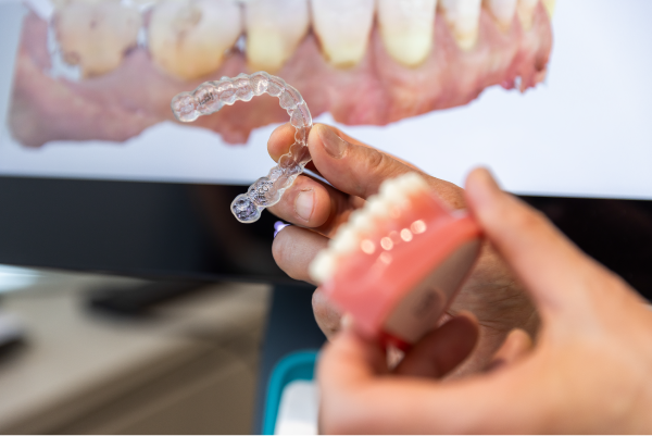 岩手県盛岡市の歯医者・インプラント歯科「高橋衛歯科医院」|歯の模型とインビザラインのマウスピースの説明する様子